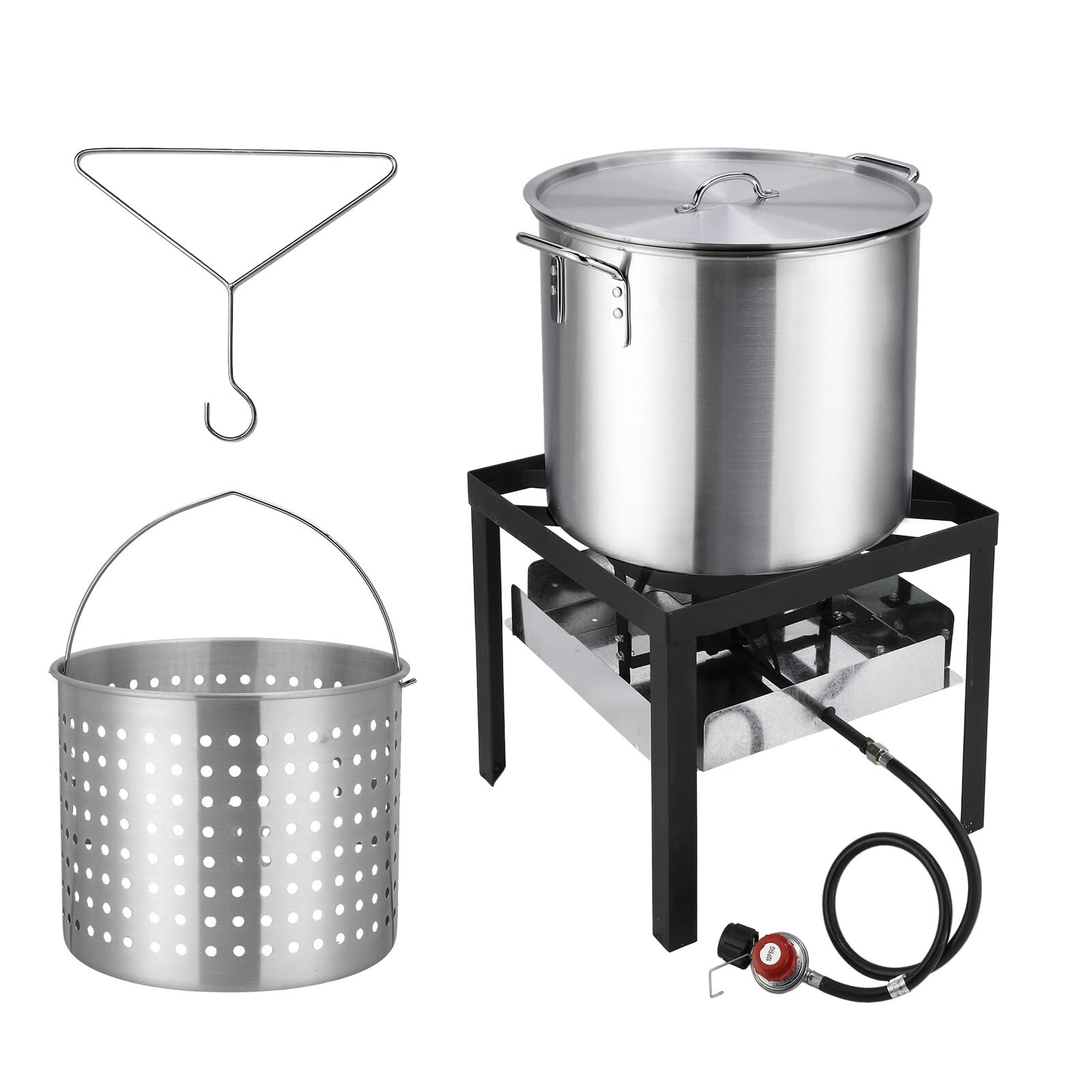 ROVSUN 60QT Turkey Fryer with Aluminum Boiler Steamer Basket &amp; 150,000BTU Propane Burner, Outdoor Gas Deep Fryer &amp; Seafood Crawfish Boil Pot Set with High Pressure Propane Regulator and Hose
