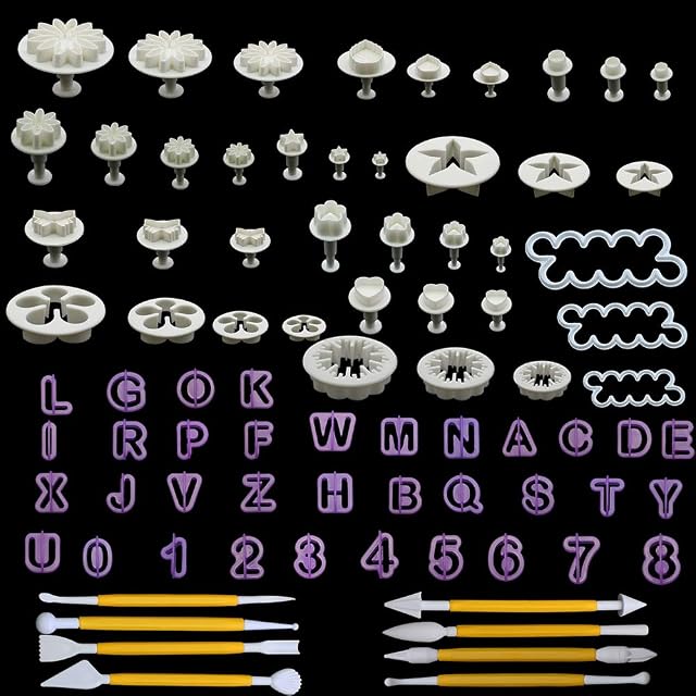 UBERMing 87 PCS Fondant Cutters Tools DIY Fondant Plunger Cutters Baking Decorating Modelling Letter Number Flowers Decorations for Cake Sugarcraft Icing Cookie Decorating Tools