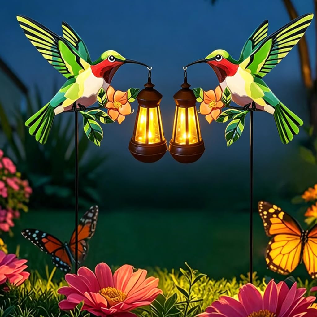 Solar Hummingbird Lights Outdoor Waterproof, Metal Garden Stake with Solar Lantern, Hummingbird Solar Light for Yard Patio Lawn Decor