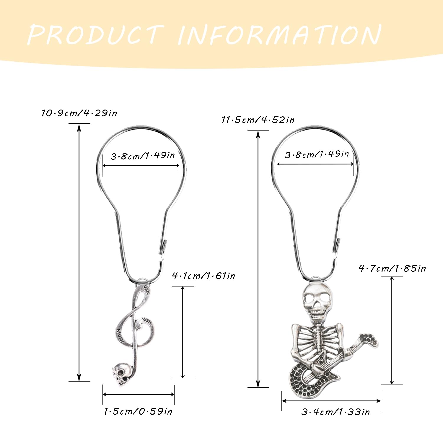 YRMLYMOP Skull Bathroom Decor,12 Pcs Music Skull Shower Curtain Hooks Decorative Home Bathroom Stainless Steel Rustproof Music Skeletons Shower Curtain Rings Decor Accessories (Silver)