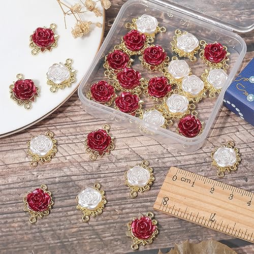 SUNNYCLUE 1 Box 32Pcs Valentines Day Rose Charms 3D Rose Flower Connector Charms Bulk Red White Flowers Links Linking Connectors Double Loop for jewellery Making DIY Craft Supplies - Image 3