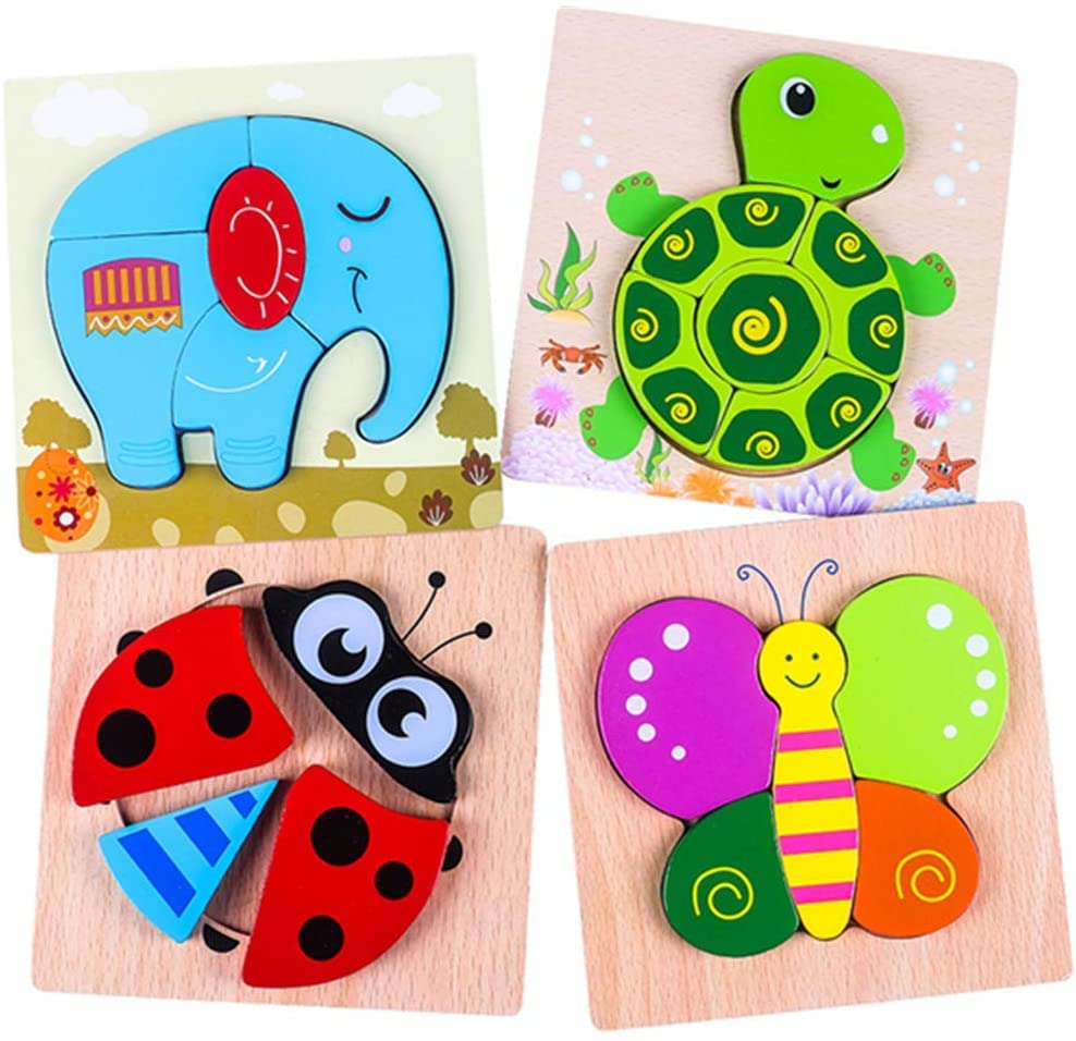 JapaceWooden Jigsaw Puzzles for Toddlers, 4Pcs Animal Puzzle Jigsaw Set Early Learning Baby Kids Educational Toys Gifts for 1 2 3 Year Old Boys Girls Children
