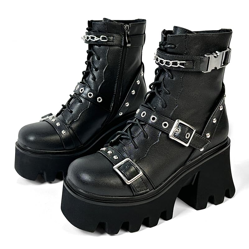 MEOTINA Platform Goth Boots for Women Chunky Heel Lace Up Ankle Boots Black Combat Boot Rave Booties with