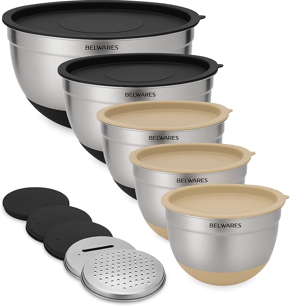Mixing Bowls with Lids Set of 5 – Stainless Steel with Non-Slip Bottoms
