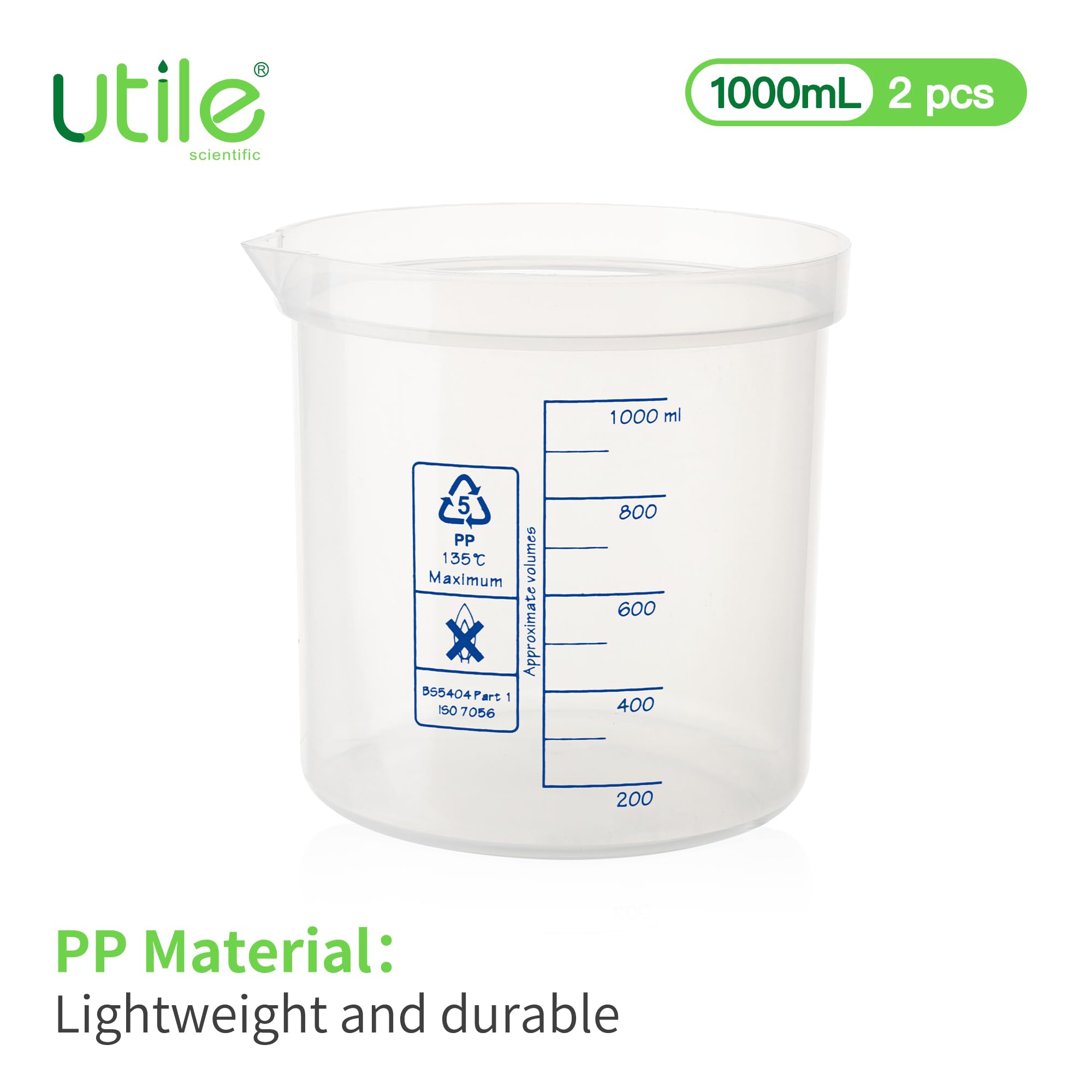 Utile Juego de vasos de precipitados de plástico, 2 unidades de 1000 ml con escala impresa azul, vasos de medición graduados de polipropileno, 4007.0281.02