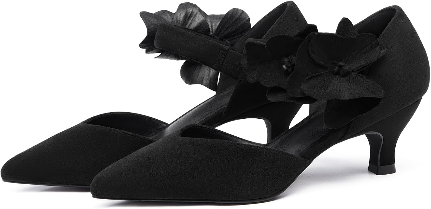 Coutgo Womens Low Kitten Heels Dressy Shoes Comfortable Closed Toe Flower Slip on Formal Party Dance Heeled Pumps - Image 4