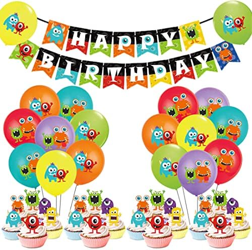 Monster Bash Party Decorations - Monster Birthday Balloons Happy Birthday Banner Cupcake Toppers for Boys Monster Party Supplies