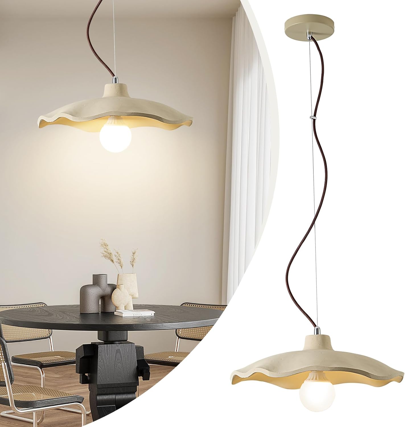 15.4in Large Concrete Lotus Flower Pendant Light, Wabi Sabi Cement Flower Ceiling Lighting Fixture, Industrial Concrete Hanging Lights for Kitchen Island, Dinning Room, Bedroom, Hallway, Entryway