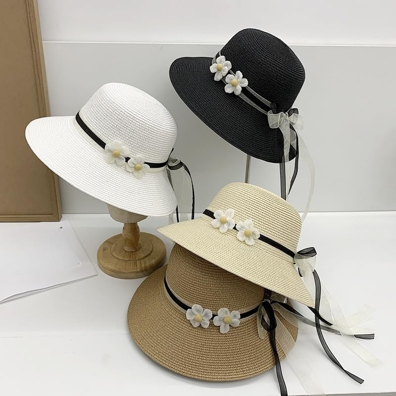 Sombrero de Paja de Verano para Mujer,Sombrero de Paja Tejido de ala Ancha con Protección UV y Lazo Floral de Encaje,Sombrero de Playa Transpirable para Exteriores,Viajes y Fiestas