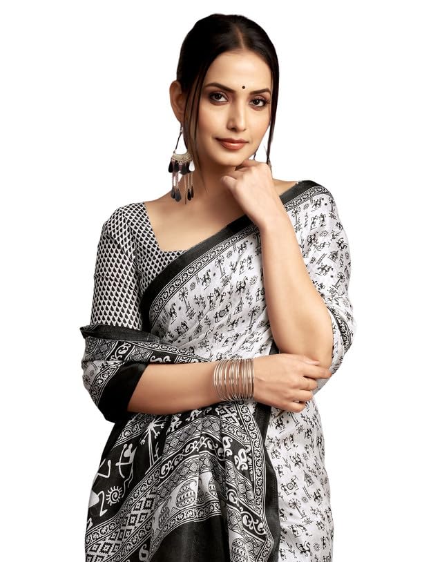 SIRIL Women's Bagalpuri Silk Saree | Varli Printed Saree With Unstitched Blouse Piece