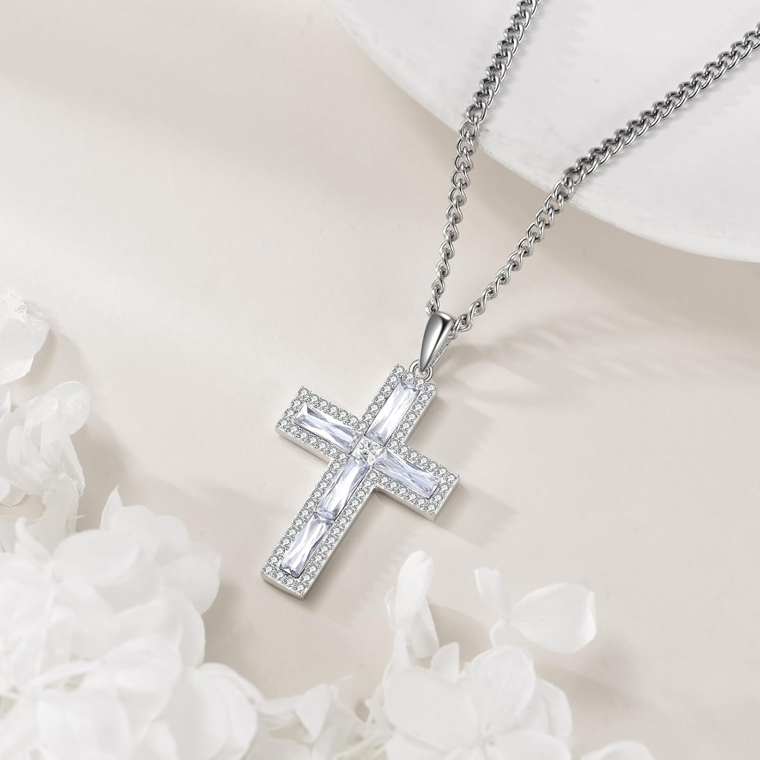 Cross Necklace Sterling Silver Cubic Zirconia Cross Pendant Religious Jewelry Gifts for Women Men - Image 3