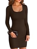Women Square Neck Ribbed Bodycon Tight Dress Long Sleeve Mid Thigh Pencil Above Knee Dresses