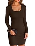Women Square Neck Ribbed Bodycon Tight Dress Long Sleeve Mid Thigh Pencil Above Knee Dresses