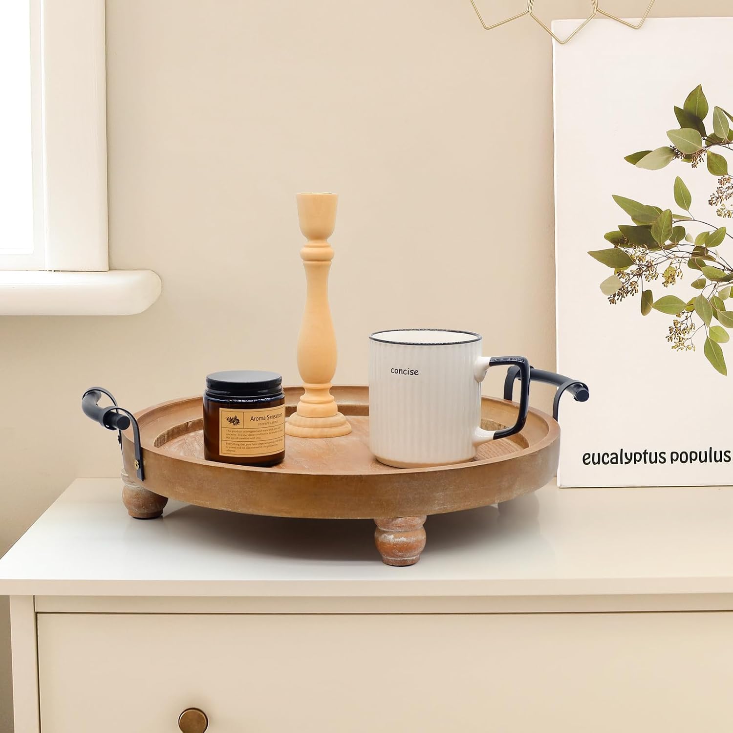 Wooden Decorative Tray for Coffee Table, Round Wood Serving Tray with Metal Handles, 13 Inch Rustic Wood Trays for Tale Centerpiece, Home Kitchen Farmhouse Decor - Image 5