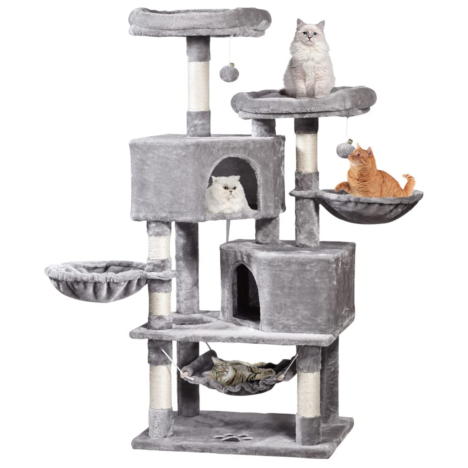 MQ Cat Tree Cat Tower 57in Multi-Level Cat Scratching Post with Condos, Basket, Hammock & Plush Perches for Kittens, Large Cats, Light Gray