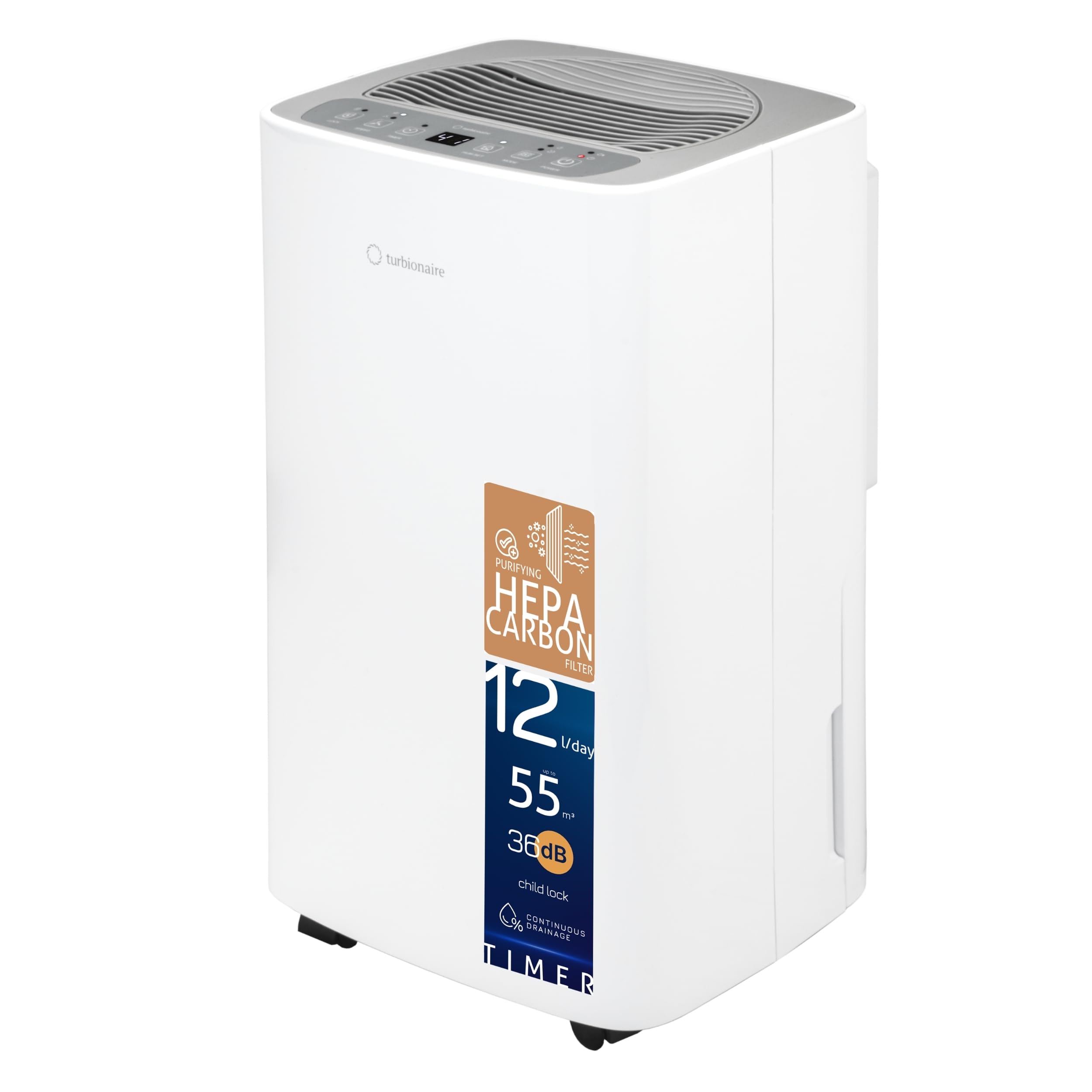 Turbionaire SENSO 12 SG Clean Deumidificatore e Purificatore 2 in 1, 12L/24h, Filtro HEPA + Carbone, Poco rumoroso, Tanica da 2L, LED, Timer, Adatto fino a 22m², Casa Muffa, Modalità dryer
