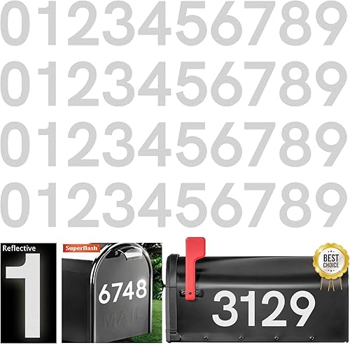 Calcomanía adhesiva reflectante blanca de números para buzón 4 pulgadas, 4 juegos Números autoadhesivos premium para exterior, casa, cubos de