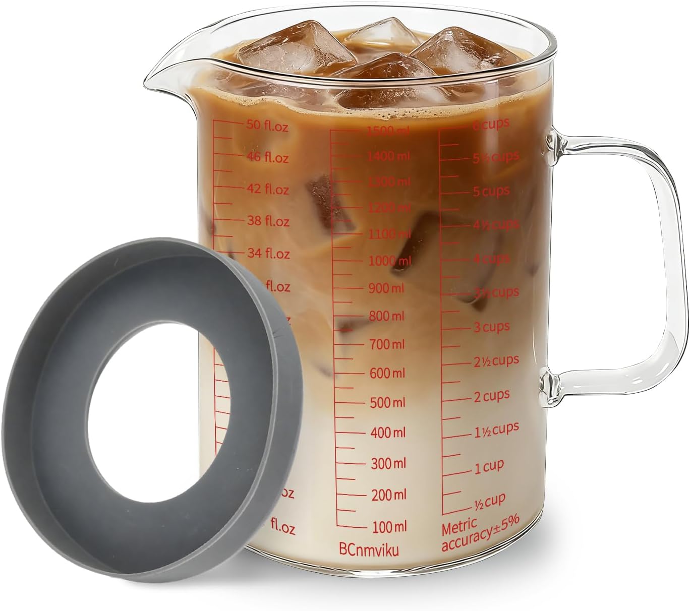 BCnmviku Glass Measuring Cup 6CUPS/1500ML/50OZ High Borosilicate [Insulated Handle | V-Shaped Spout]For Prepping Baking and Cooking Preheated Oven Dishwasher Freezer and Microwave Safe with Silicone