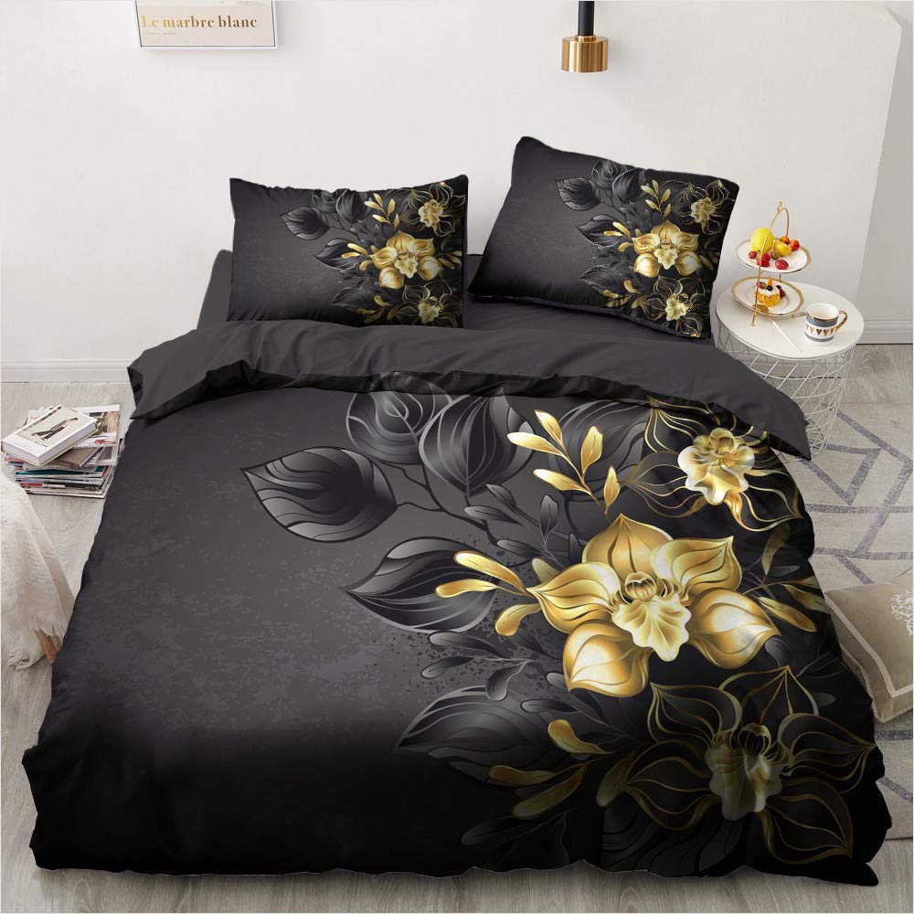 Luowei Floral Ropa de cama 200x200cm Negro Oro Romántico Floral Manta con Cremallera Microfibra Fundas nórdicas y 2 Fundas de cojín 80 x 80 cm