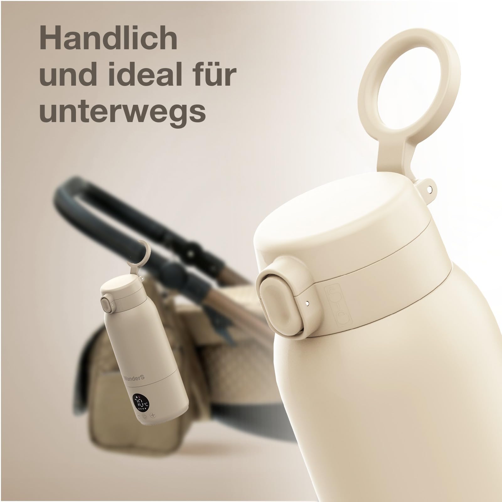 Tragbarer Flaschenwärmer Baby von WanderS – 500ML Milchwärmer mit Präziser Temperaturkontrolle, Integrierter Sterilisator, 316L Edelstahl, USB-C Schnellladung, IPX6 Wasserdicht & Sicherheitsverschluss