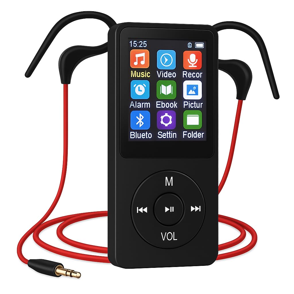 Xzor® 1.8-Inch Bluetooth MP3 Player with Wired Sports Earphones, Speaker & Voice Recorder | EQ, Shuffle | Up to 48H Playtime | Supports 128GB microSD (Black)