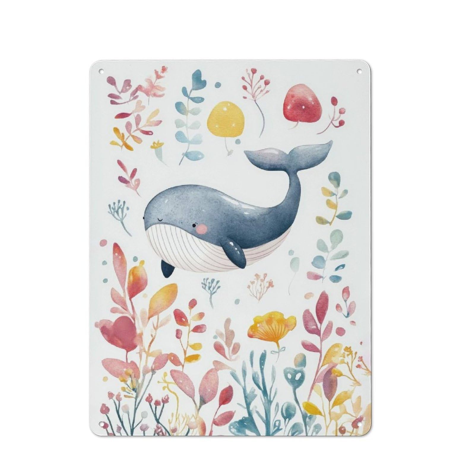Vintage Whale Watercolor Illustration Decorative Tin Plaque 40x30cm, Room Wall Plaque for Hallway, Home Bar, Garage Or Study