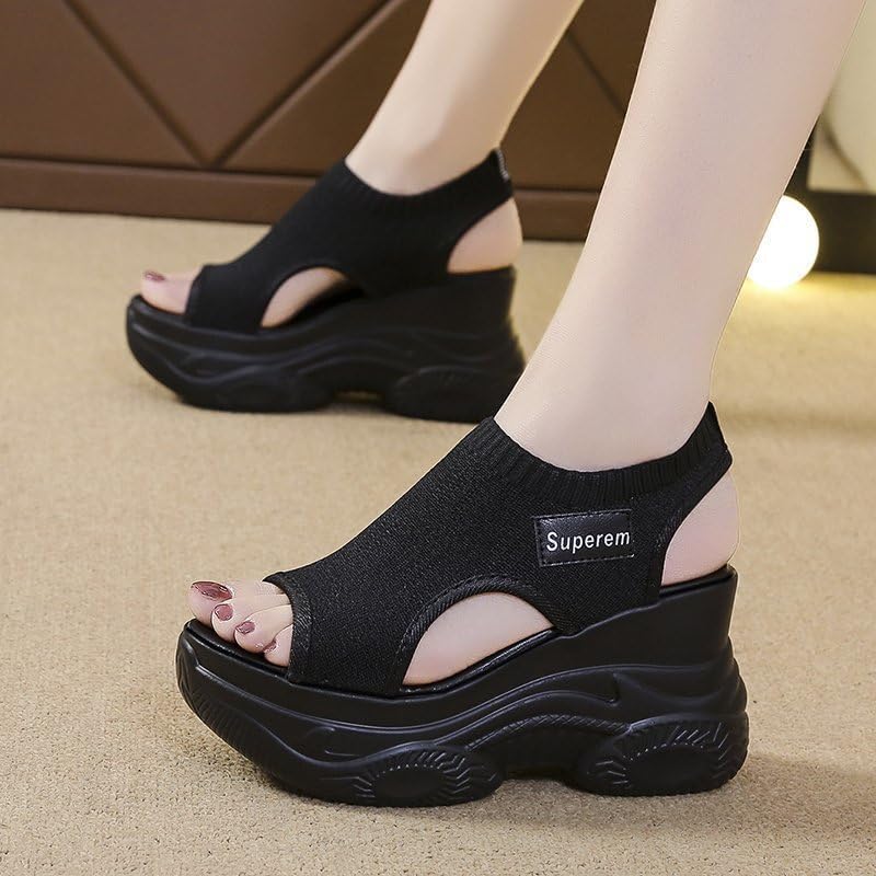 Women's Solid Color Casual Sandals, Platform Elastic Soft Sole Knitted Walking Shoes, Heightening