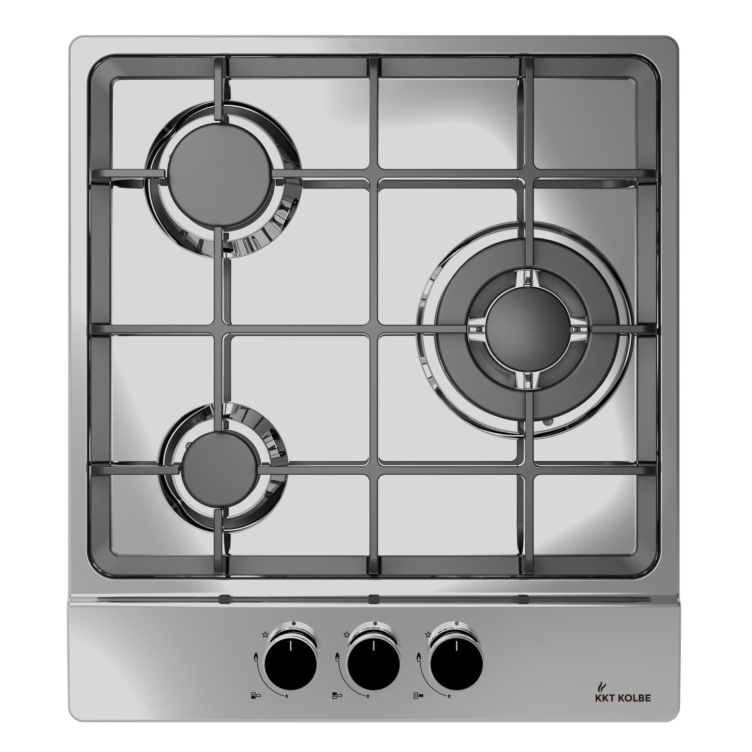 KKT KOLBE Piano cottura a gas da 44,5 cm, autonomo, 6,2 kW, 3 fuochi, regolabile in continuo, zona wok, senza cornice, controllo a manopola, supporti in ghisa, acciaio inox, gas propano, gas naturale