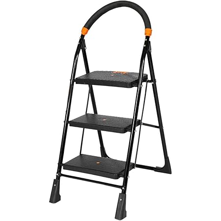 Happer Premium Foldable Step Ladder, Clamber, 3 Steps (Black & Orange)