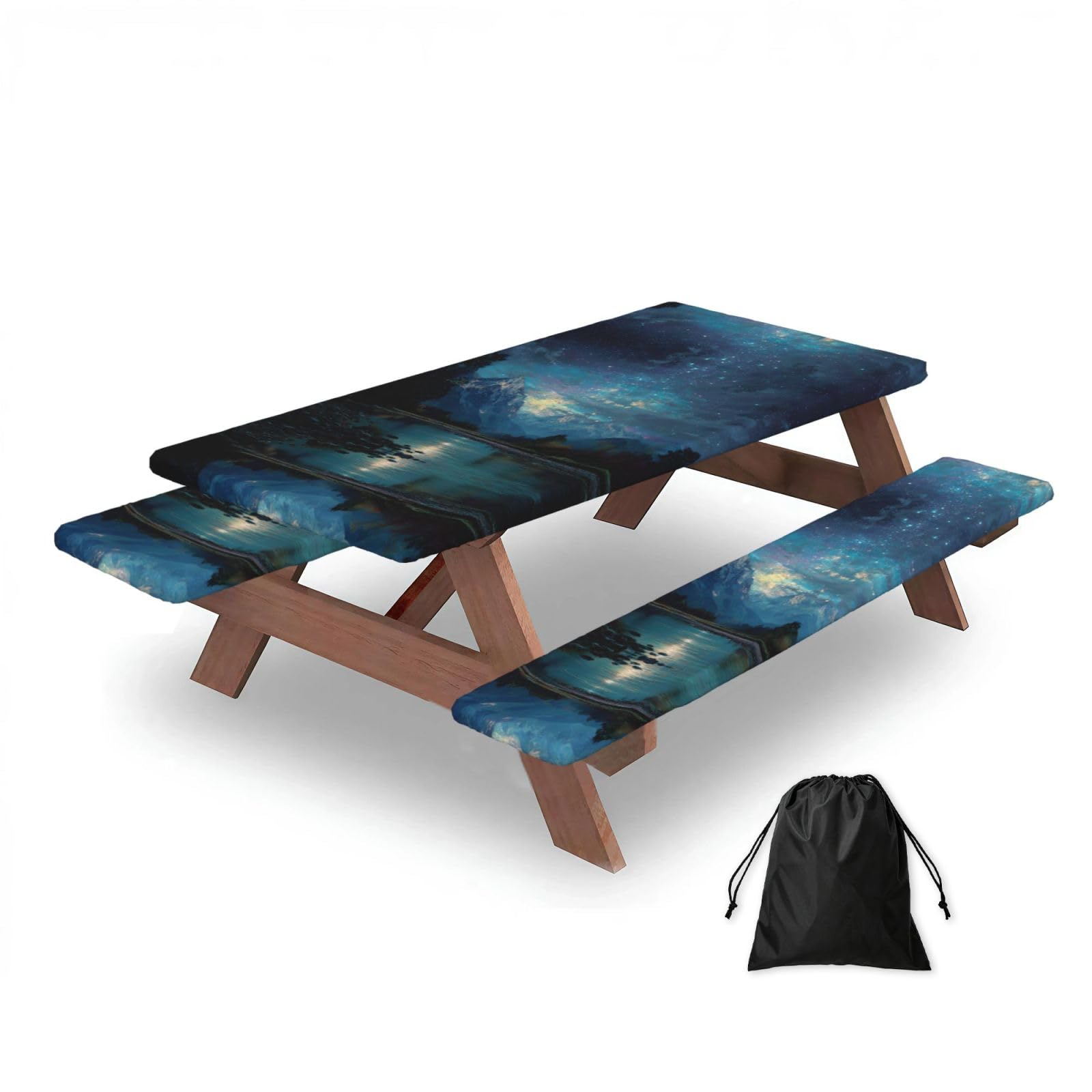 ESNAIUVCD Starry Sky Mountains Print Picnic Table Cover With Bench Covers,Camping Essentials,Fitted Tablecloth Cover With Elastic Edge, For Indoor & Outdoor 3 Pcs