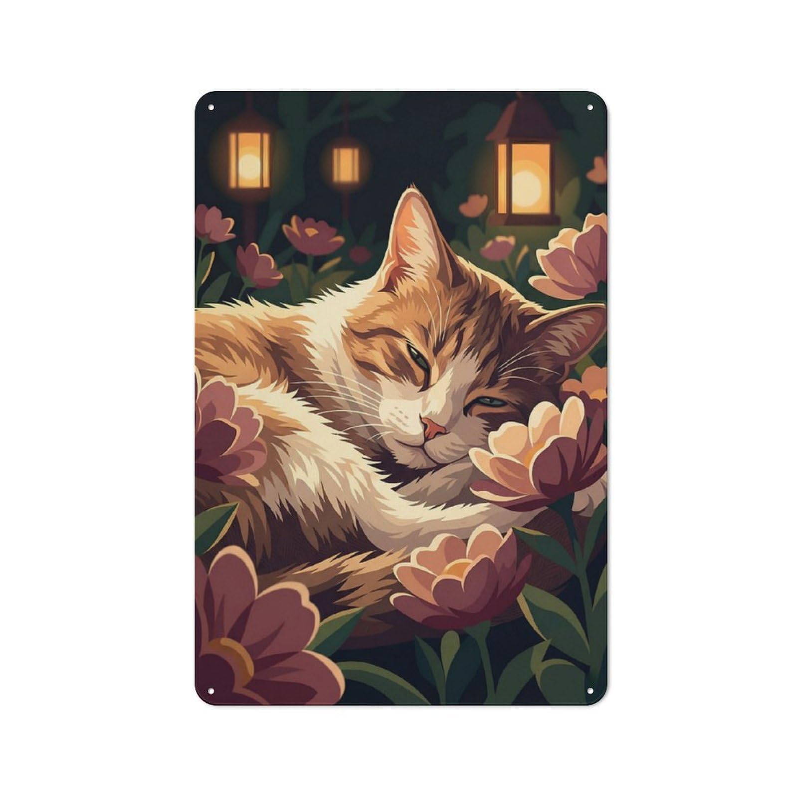 The Dreaming Cat Among Night Blooms Rustic Metal Plaque 30x20cm for Studio Or Craft Room, Suited to Craft Room Decorators
