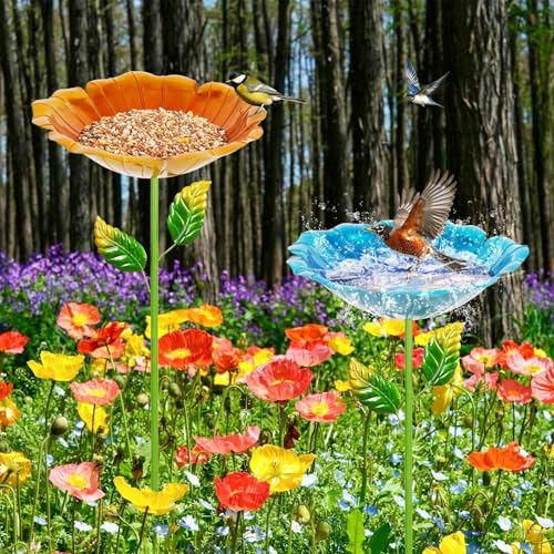 Image of 2 Pack Bird Bath for Outside, Outdoors Garden Decor Flower Birdbath | Colorful Metal Bird Bowl with Five Stakes for Hummingbird Baths & Bird Feeders, 31.3 inch H x 10.63 inch Dia (Blue,Yellow)