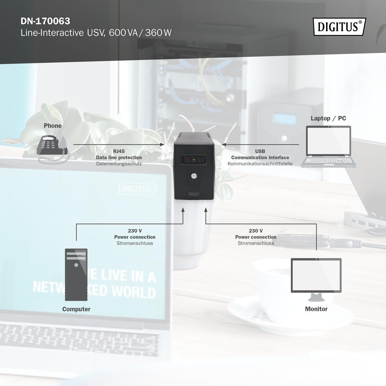 DIGITUS Line-Interactive VI USV - 600VA / 360W - AVR - 2 Schutzkontakt-Steckdosen - Shutdown-Software USB/RS232/RJ11