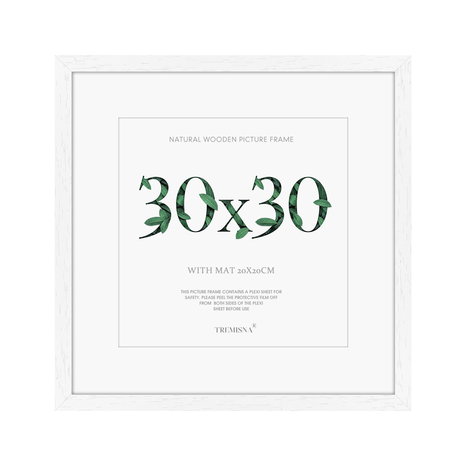 Tremisnaยฎ 1x Picture Frame 30x30cm White Wood. With HD Perspex Photo Frames with 20x20cm Mount for Wall Mounting Display