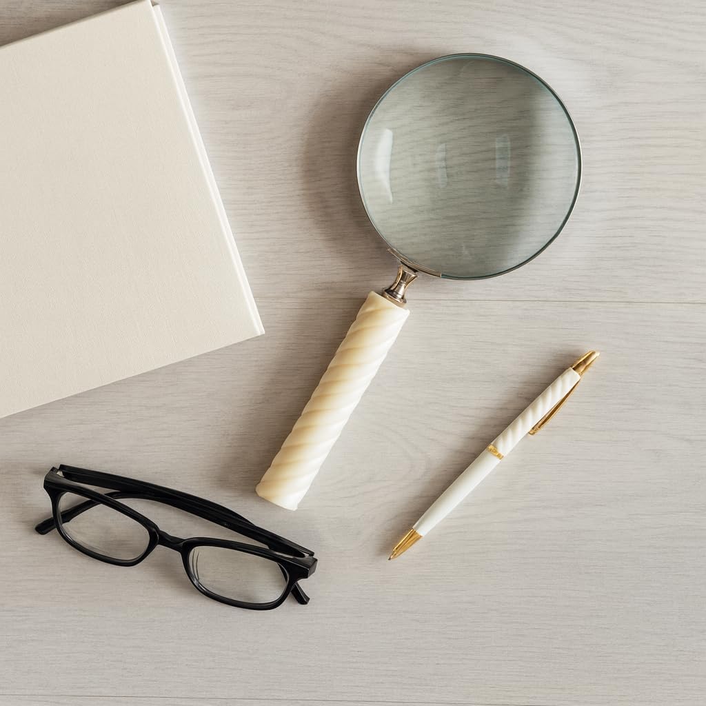 Decorative Magnifying Glass with Ridged Handle for Home Decor - Elegant Office Desk Accessory, Living Room, or Shelf Accent - Ornament for Coffee Table Decor or Entryway - 1", Ivory & White