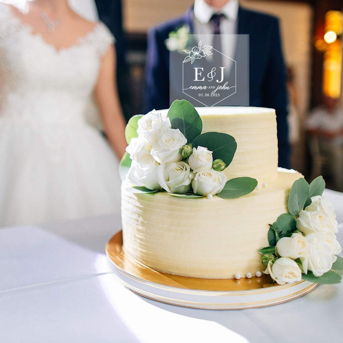 Andaz Press Tropical Geometric Floral Hexagon Custom Wedding Cake Topper, Acrylic Square Personalized Couple Cake Topper