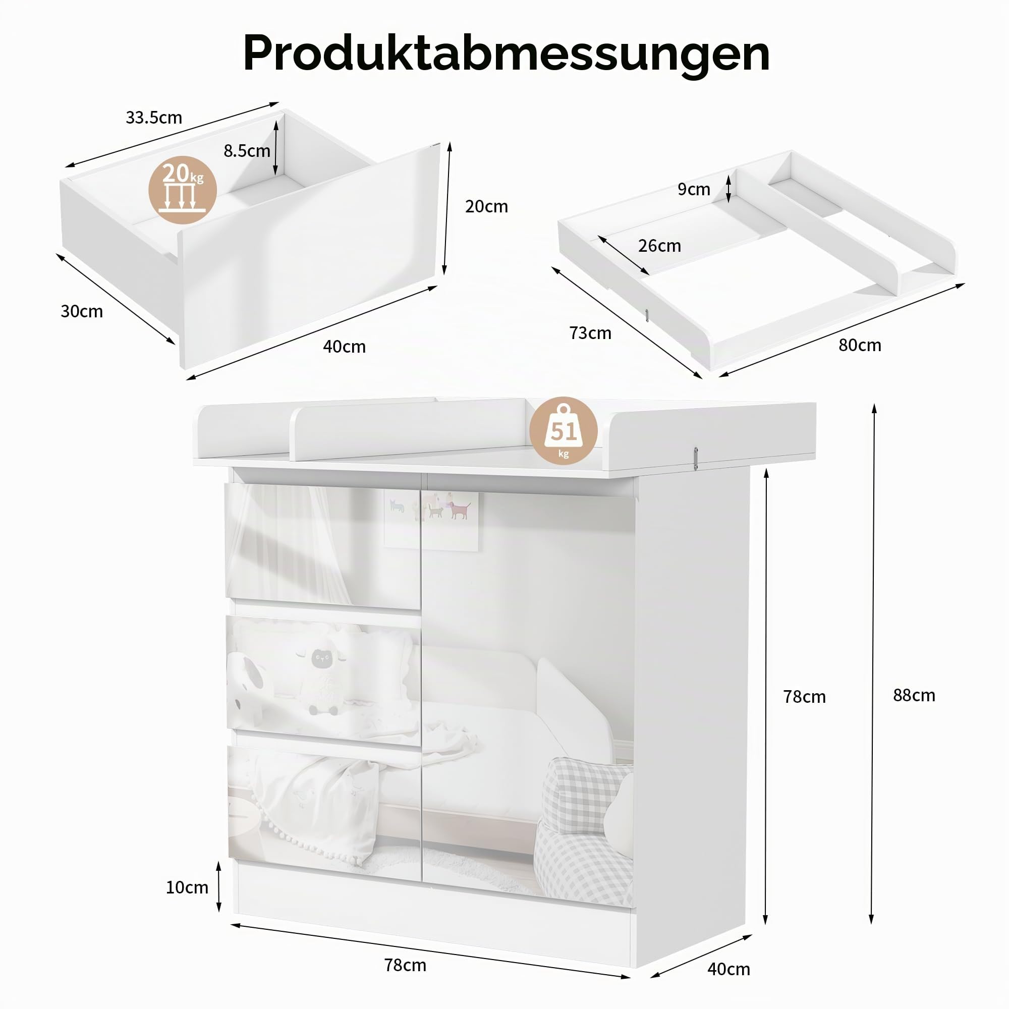 Wickelkommode mit Wickelaufsatz, Wickeltisch mit 3 Schubladen, Baby Kommode Abnehmbarem, Babyschrank 88cm Hoch Zum Schutz Der Lenden, Weiße Kinderkommode für Eltern Baby