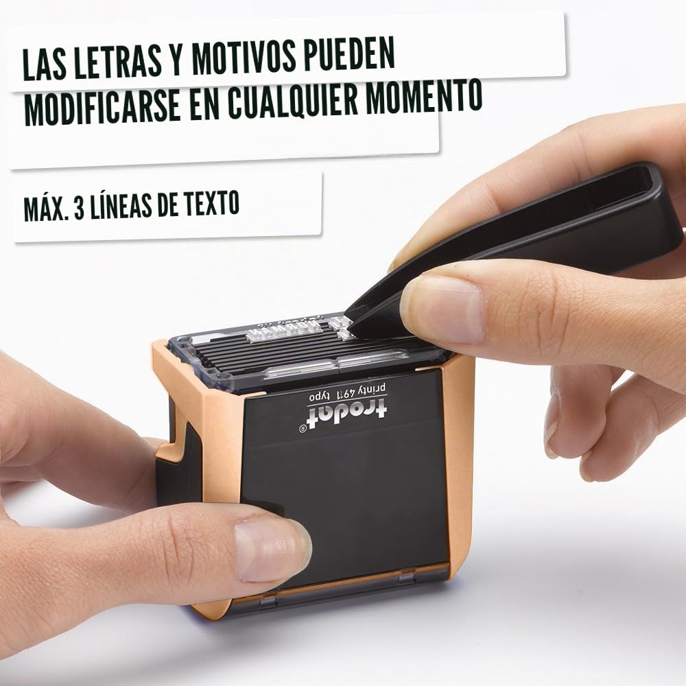 Trodat Printy 4911 - Juego de sellos (3 líneas de texto, impresión 38 x 14 mm, incluye pinzas, almohadilla negra y juego de letras y números en un solo tamaño)