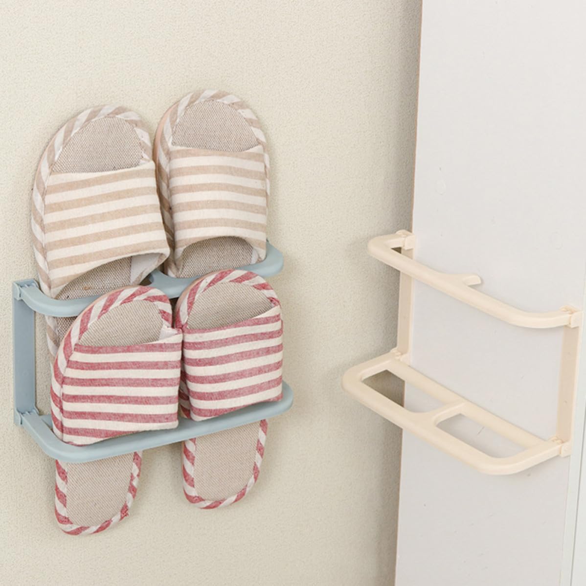 Garneck 2pcs Foldable Two-Tier Slipper Rack Wall Mounted Plastic Organizer