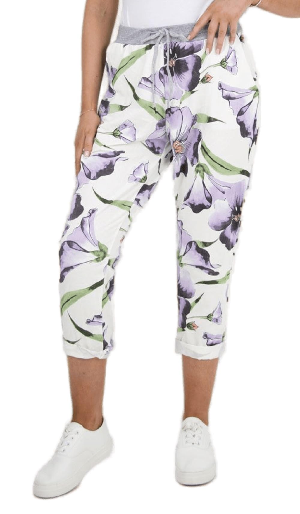Womens Floral Rose Print Pants Turn Up Italian Trousers Drawstring Ribbed Waistband Pants