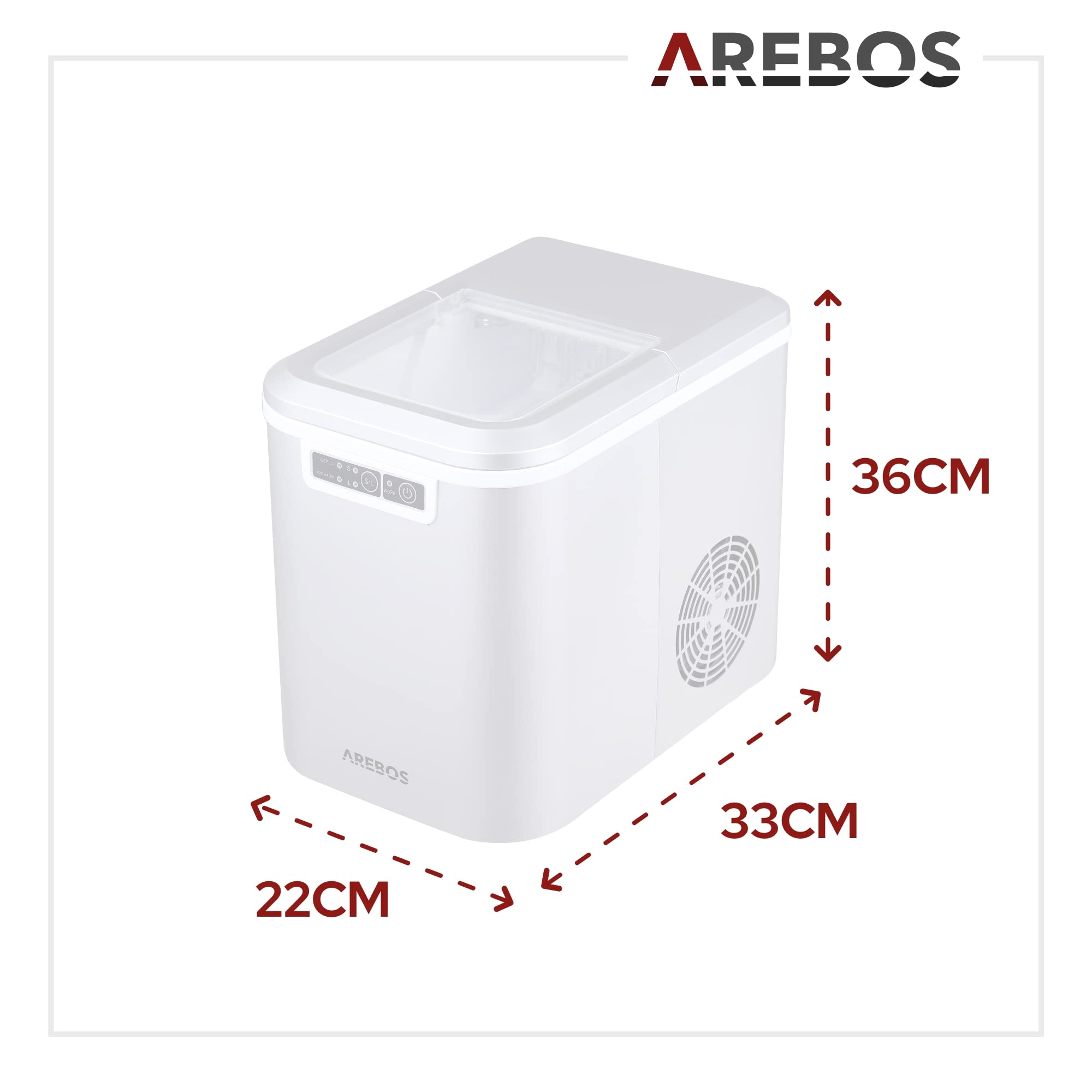 Arebos Eiswürfelmaschine 12 kg/24 h 2,2 L Wassertank Selbstreinigend Leise 2 Eiswürfel-Größen Silber