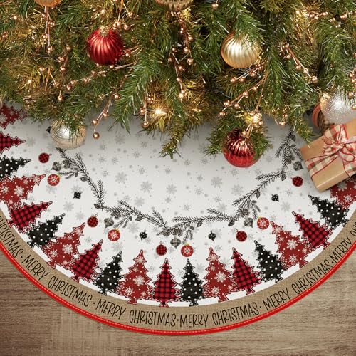 Artoid Mode Buffalo Plaid Pine Snowflakes Christmas Tree Skirt, 36Inch/91cm Balls Winter Xmas Party Holiday Vintage New Year Tree Mat Cover Decoration