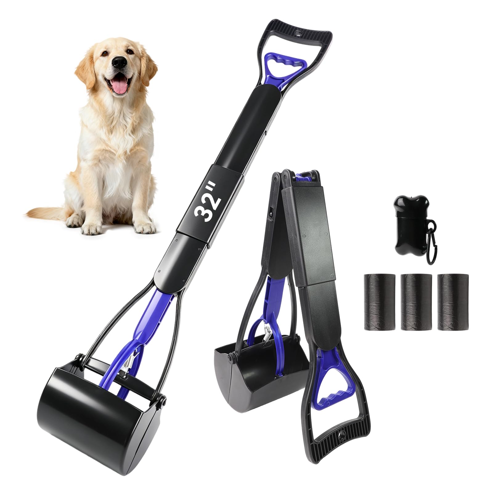 80cm Long Handle Dog Pooper Scooper,Stoop Free with Bag Dispenser & Bags