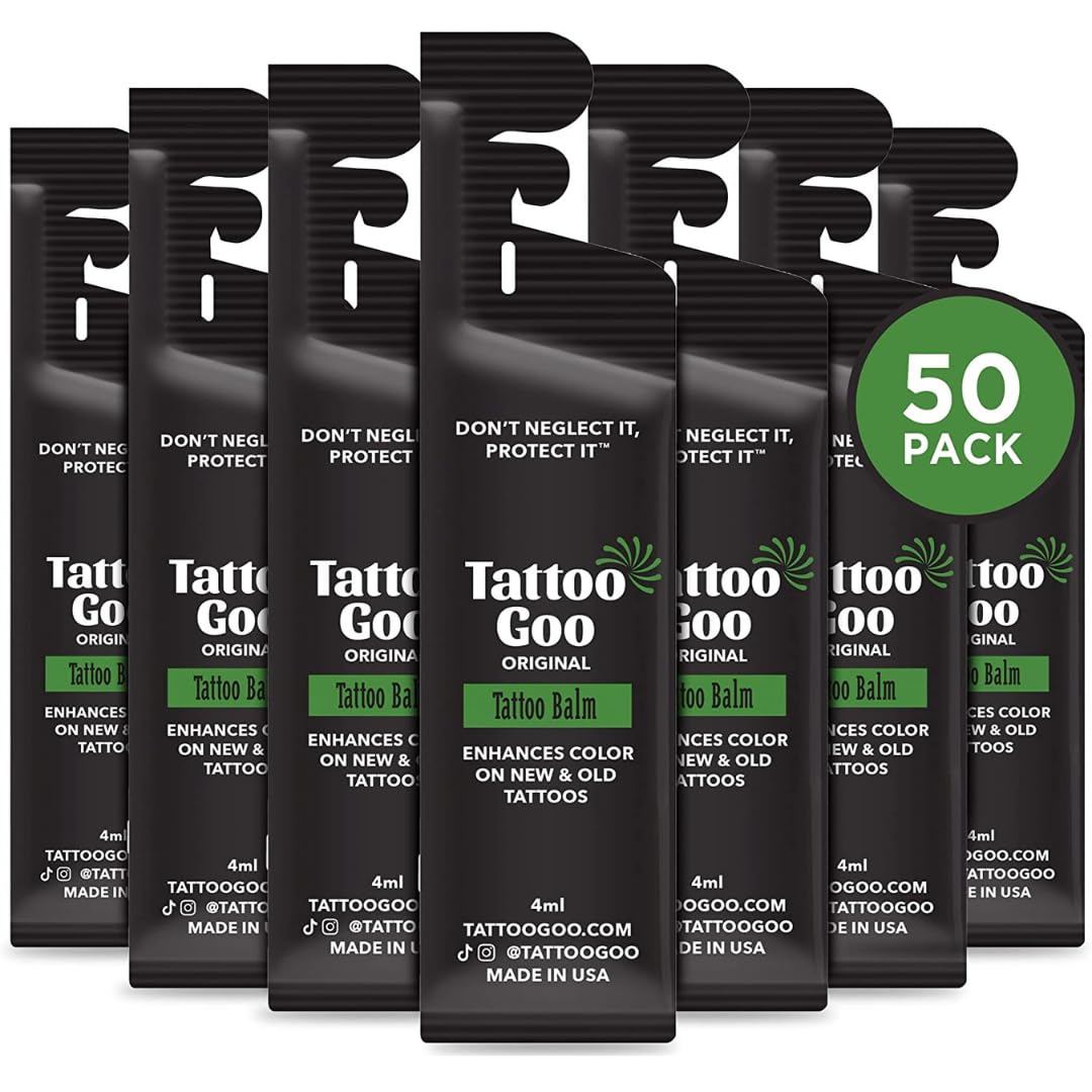 Tattoo Goo Original Aftercare Balm, Bulk Individually Packaged Natural Tattoo Balm with Beeswax and Cocoa Butter, Soothing Ointment, Brightening Care, 50 Travel Size Packets