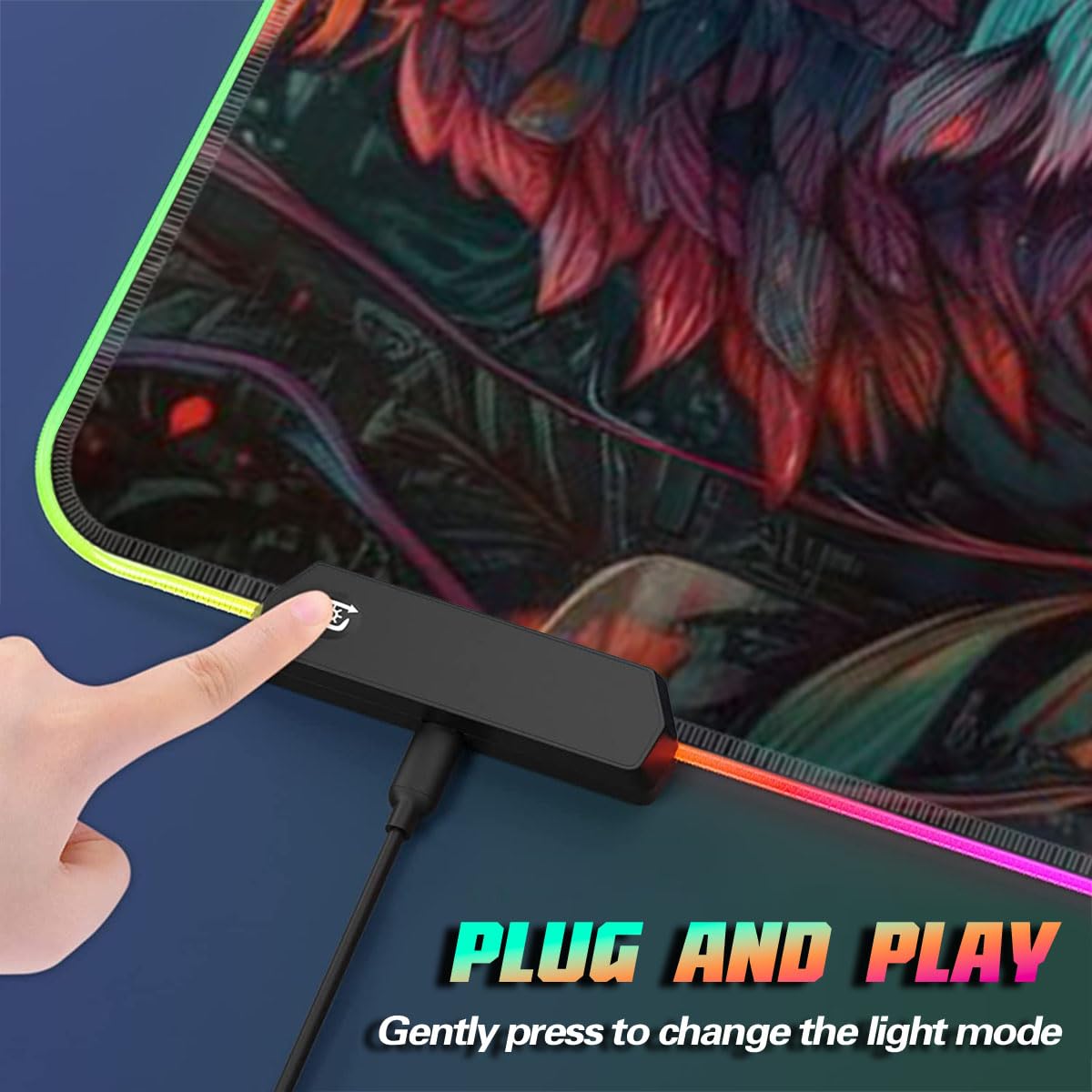 Tastaturmatte für den Desktop, abstrakter Wolf, ROG-Mauspad, LED-Mauspad, Gaming, große Schreibtischunterlage (60 x 35 x 0,3) cm, genähte Kanten, Mauspad für Büro-Gaming