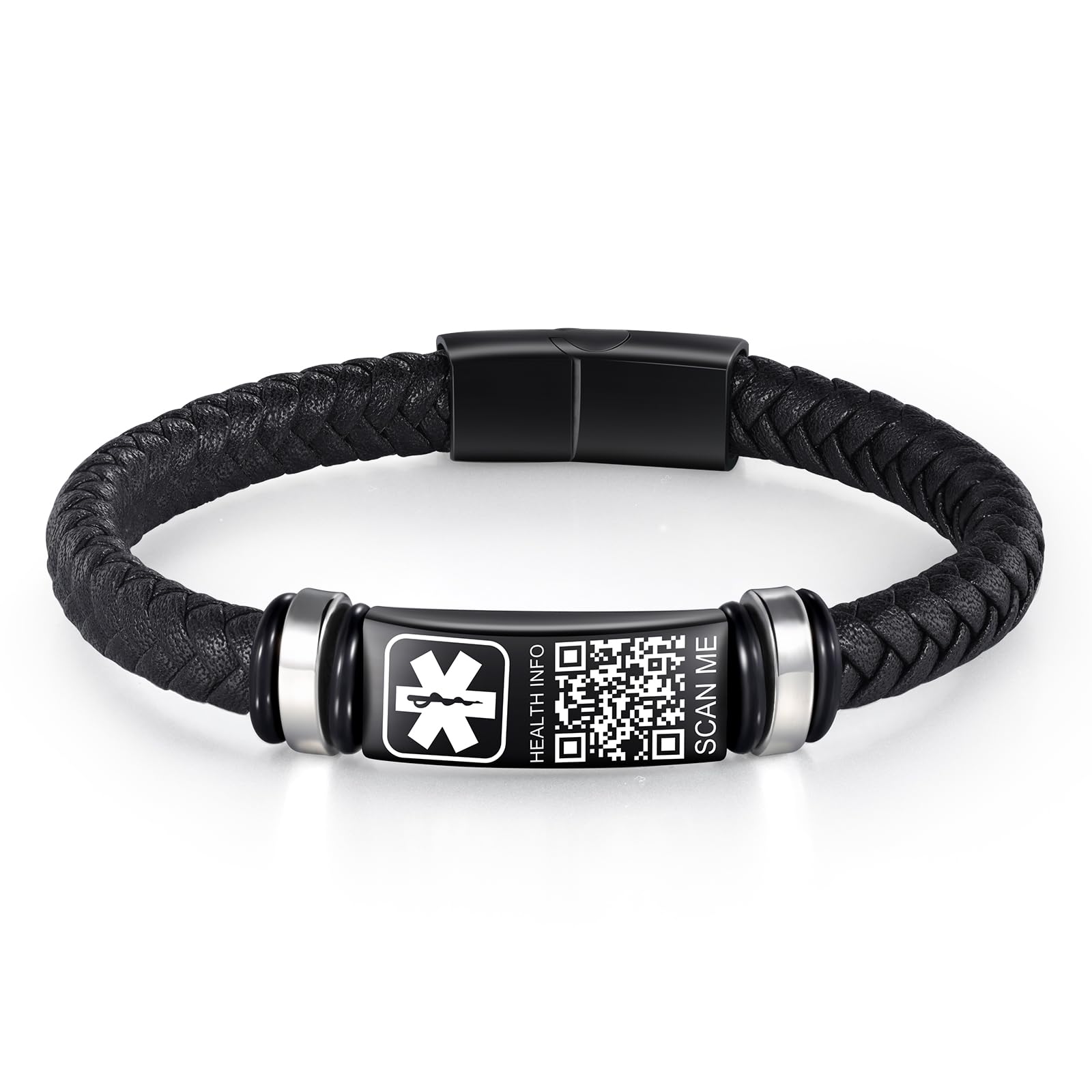 Verbessertes medizinisches Armband für Herren mit QR-Code, medizinische Notfall-ID-Armbänder – 17,8 cm – 20,3 cm, gewebtes Vintage-Lederarmband, Schnalle, mehr Platz sparen,