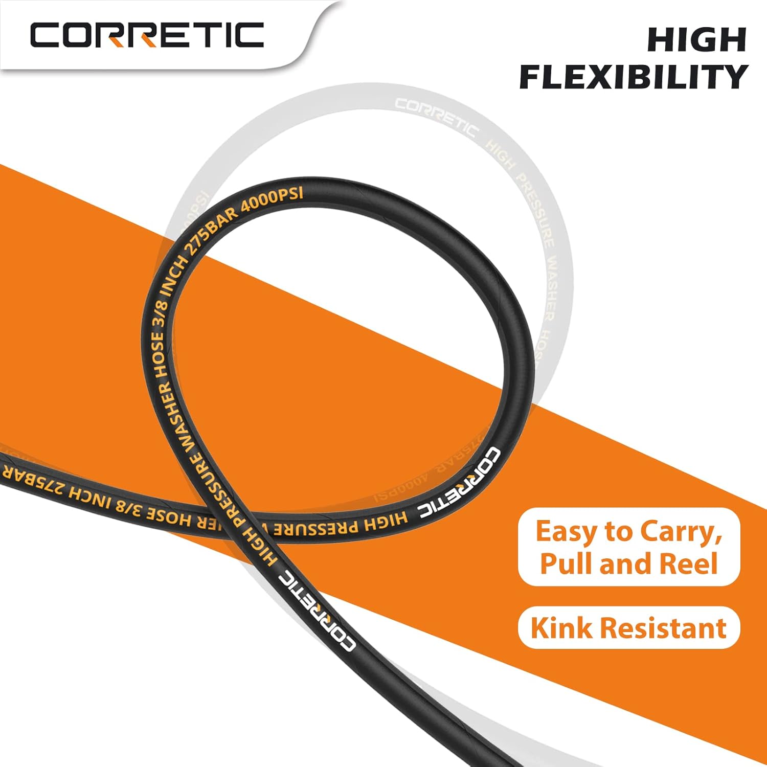 Pressure Washer Hose 50 FT with 3/8 Inch Quick Connect, 4000 PSI Kink Resistant Power Washer Hose Replacement, High Tensile Wire Braided and Rubber Jacket