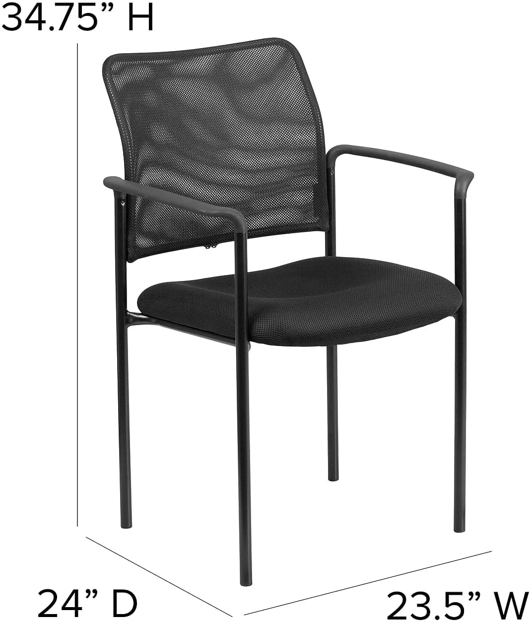BOWERY HILL Mesh Stacking Side Arm Chair, Black Powder Coat Steel Tubular Frame, Padded Mesh Upholstered Seat, Built-in Lumbar Support, Stacks Up to 5 Chairs, 34.75" H x 23.5" W x 24" D