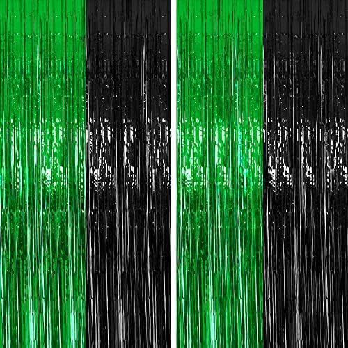 4 Packs 3.3ft x 8.2ft Graduation Party Decorations Green Black Tinsel Foil Fringe Curtains for Home Outdoor Graduation DIY Party Tinsel Photo Background Supplies Green and Black Grad Party Decorations