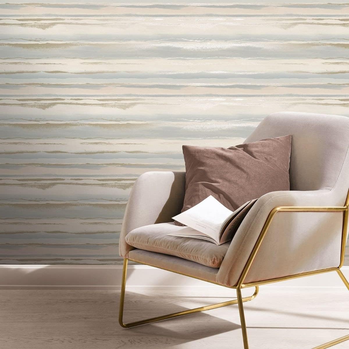 Horizon Wallpaper - Modern Wallpaper for Living Room, Bedroom, Fireplace - Decorative Luxury Wall Paper with Landscape Design (Dusky Pink, Metallic Gold)